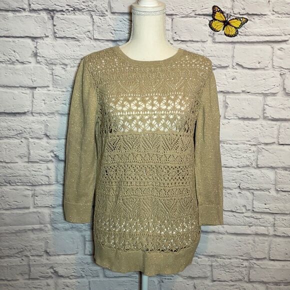 VAN Heusen Vintage Crochet Front 3/4 Sleeve Sweater Size Medium - Picture 2 of 7